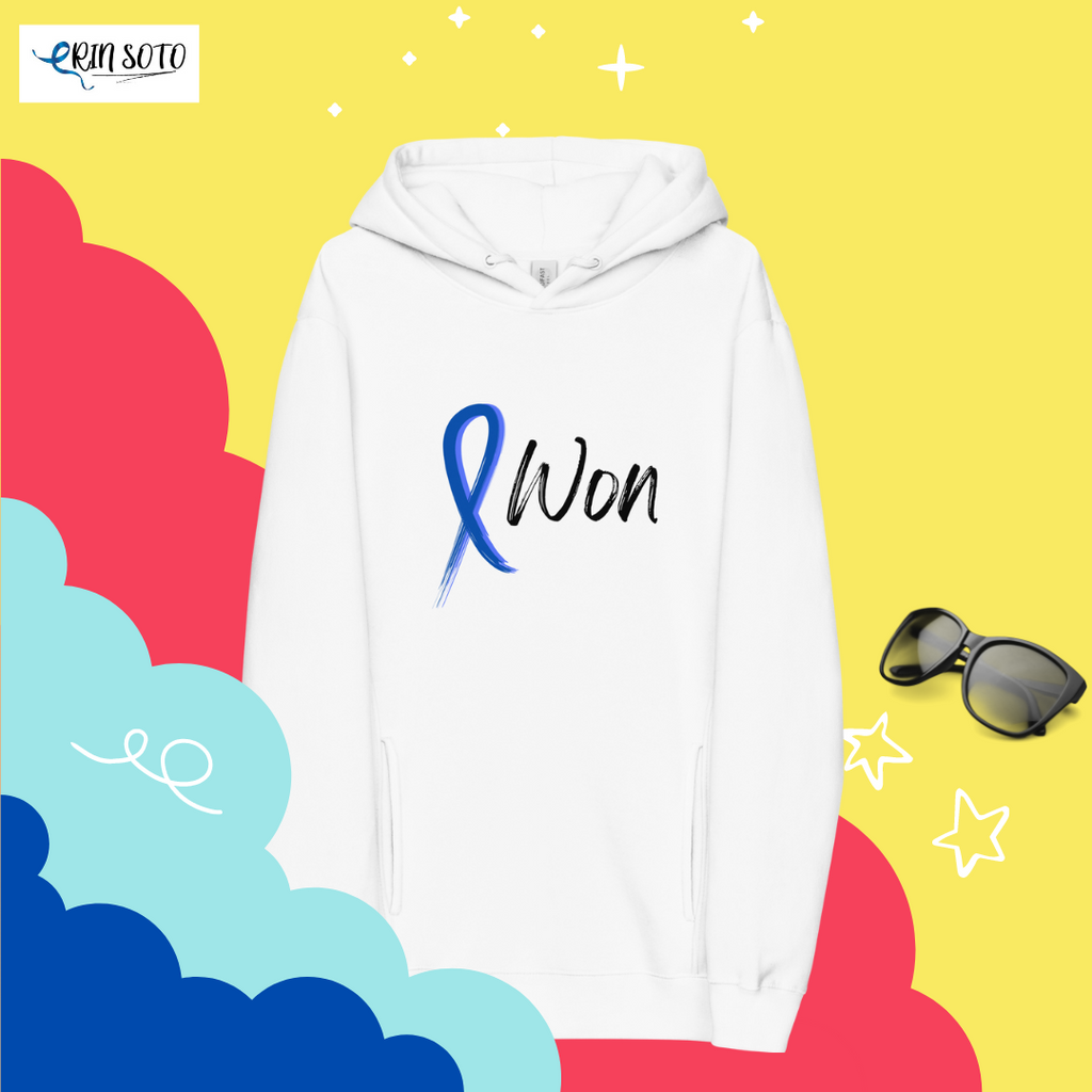 I Won Colon Cancer Hoodie in white with Blue Ribbon Erin Soto Inspirational Sweatshirt