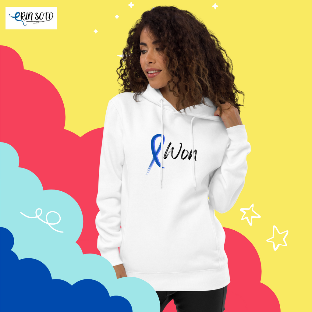 I Won Colon Cancer Hoodie in white with Blue Ribbon Erin Soto Inspirational Sweatshirt