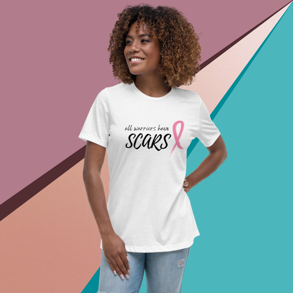 All Warriors Have Scars Breast Cancer Shirt in white with Pink Ribbon Model