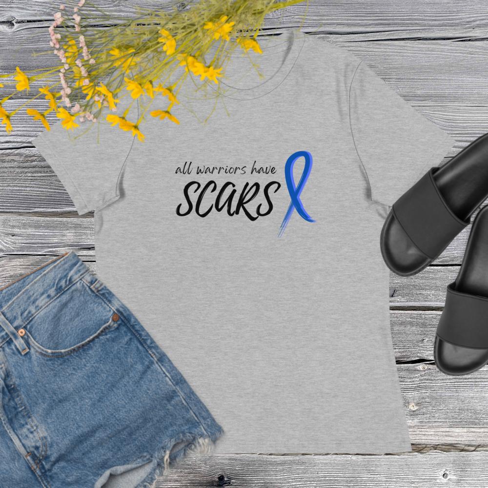 All Warriors Have Scars Colon Cancer Shirt in Heather Grey with Blue Ribbon