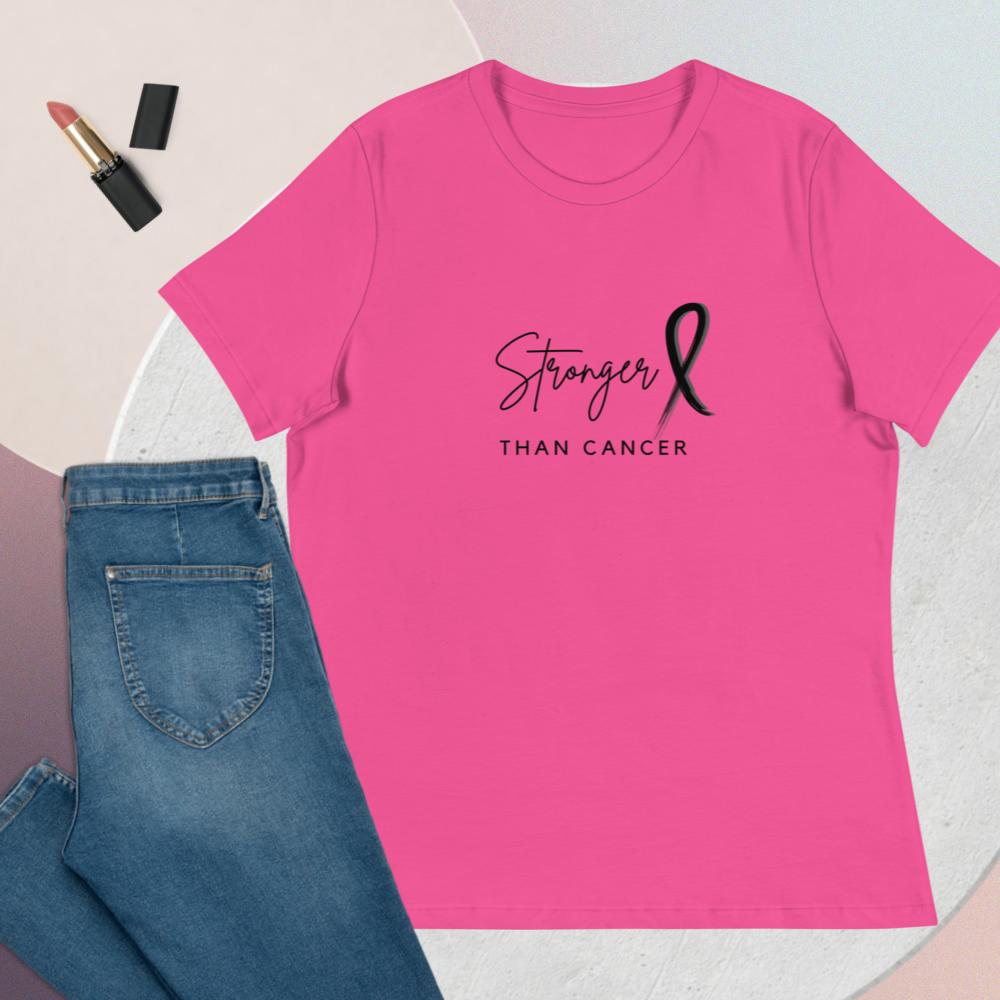 Stronger than cancer shirt with black font in berry