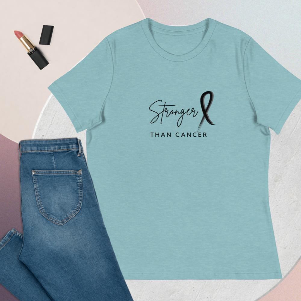 Stronger than cancer shirt with black font in heather blue