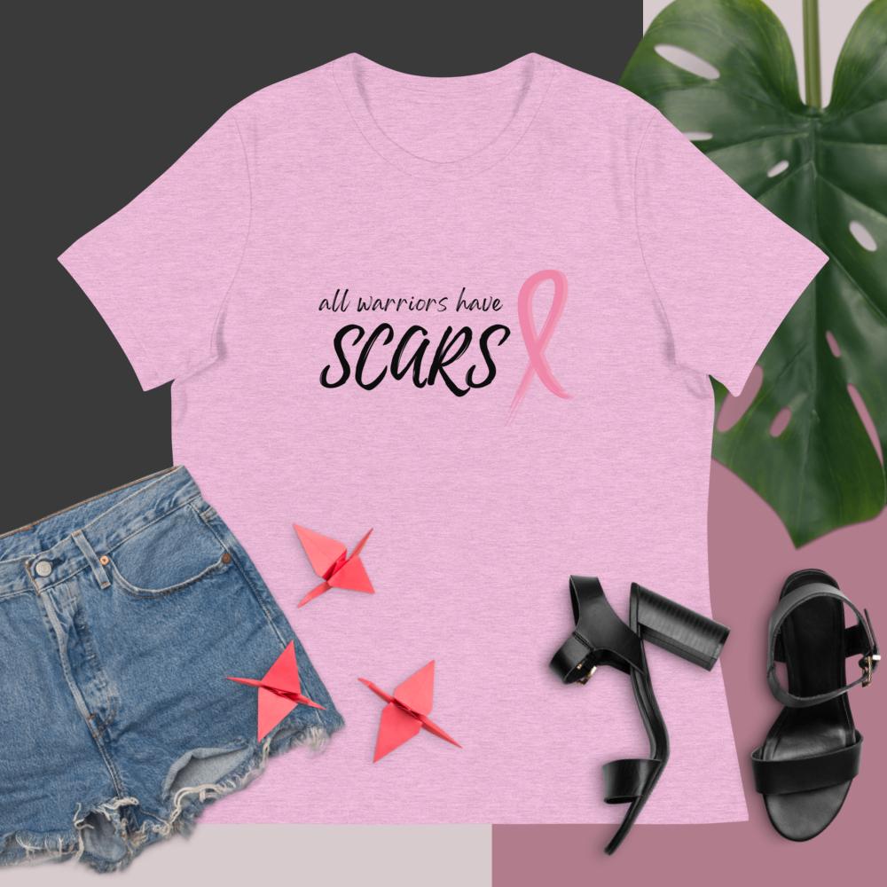 All Warriors Have Scars Breast Cancer Shirt in Lilac with Pink Ribbon