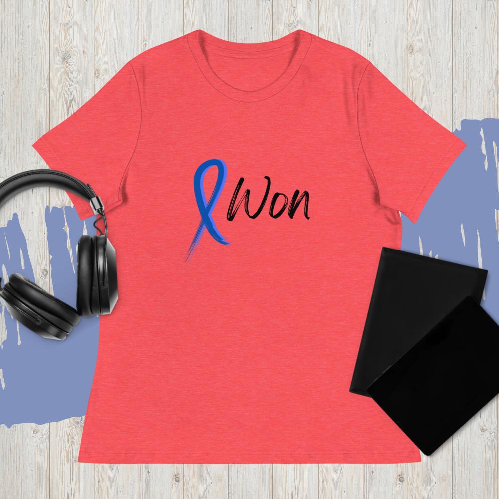 I Won Colon Cancer Shirt in Heather Red with Blue Ribbon Erin Soto Women's Inspirational Shirts and Inspirational Tees