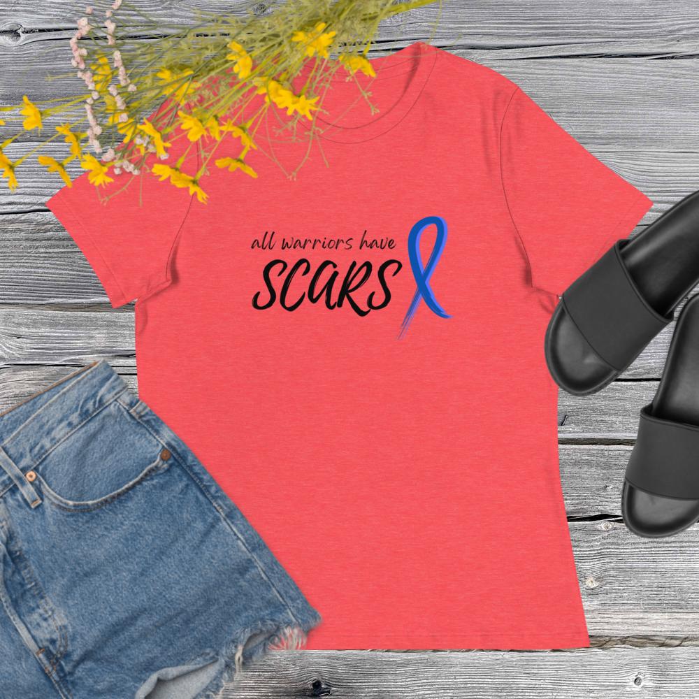 All Warriors Have Scars Colon Cancer Shirt in Heather Red with Blue Ribbon