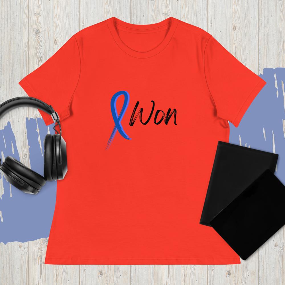 I Won Colon Cancer Shirt in Red with Blue Ribbon Erin Soto Women's Inspirational Shirts and Inspirational Tees