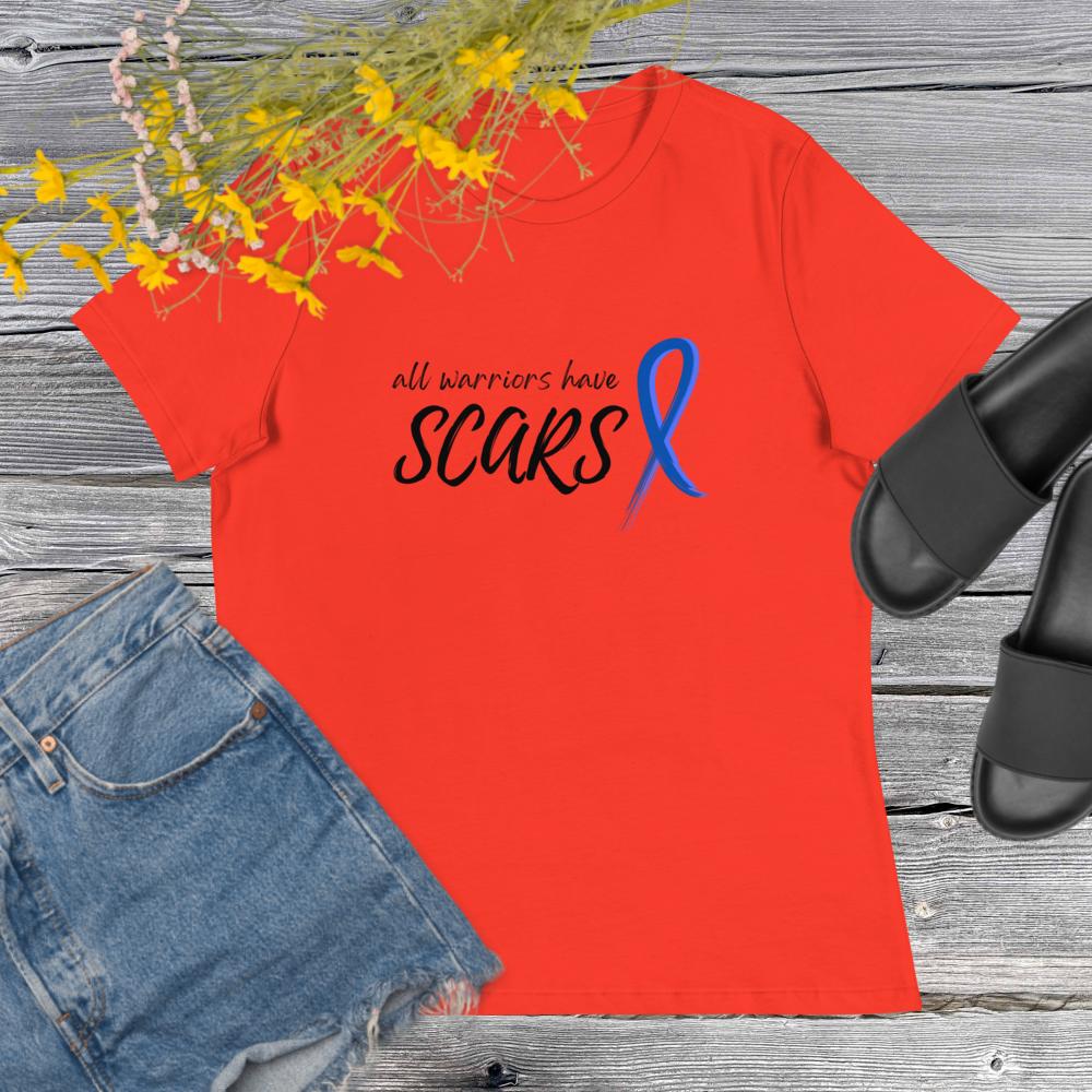 All Warriors Have Scars Colon Cancer Shirt in Red with Blue Ribbon