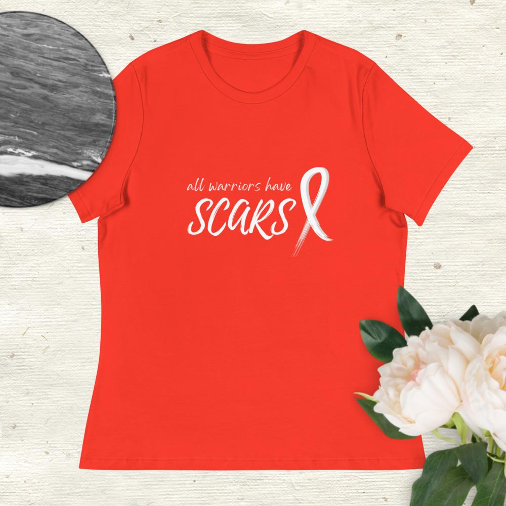 All Warriors Have Scars Cancer Shirt in Poppy Red