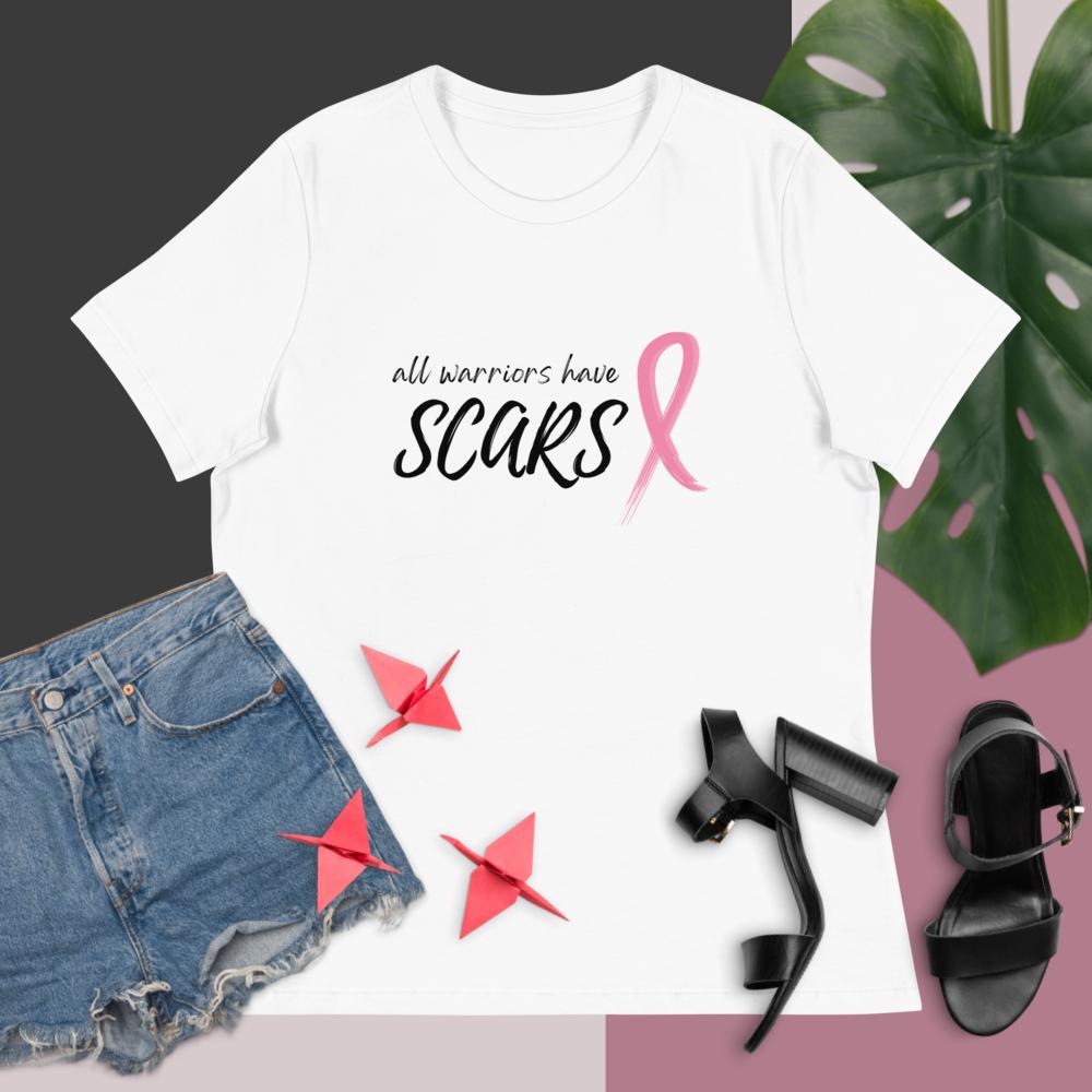 All Warriors Have Scars Breast Cancer Shirt in Crisp White with Pink Ribbon