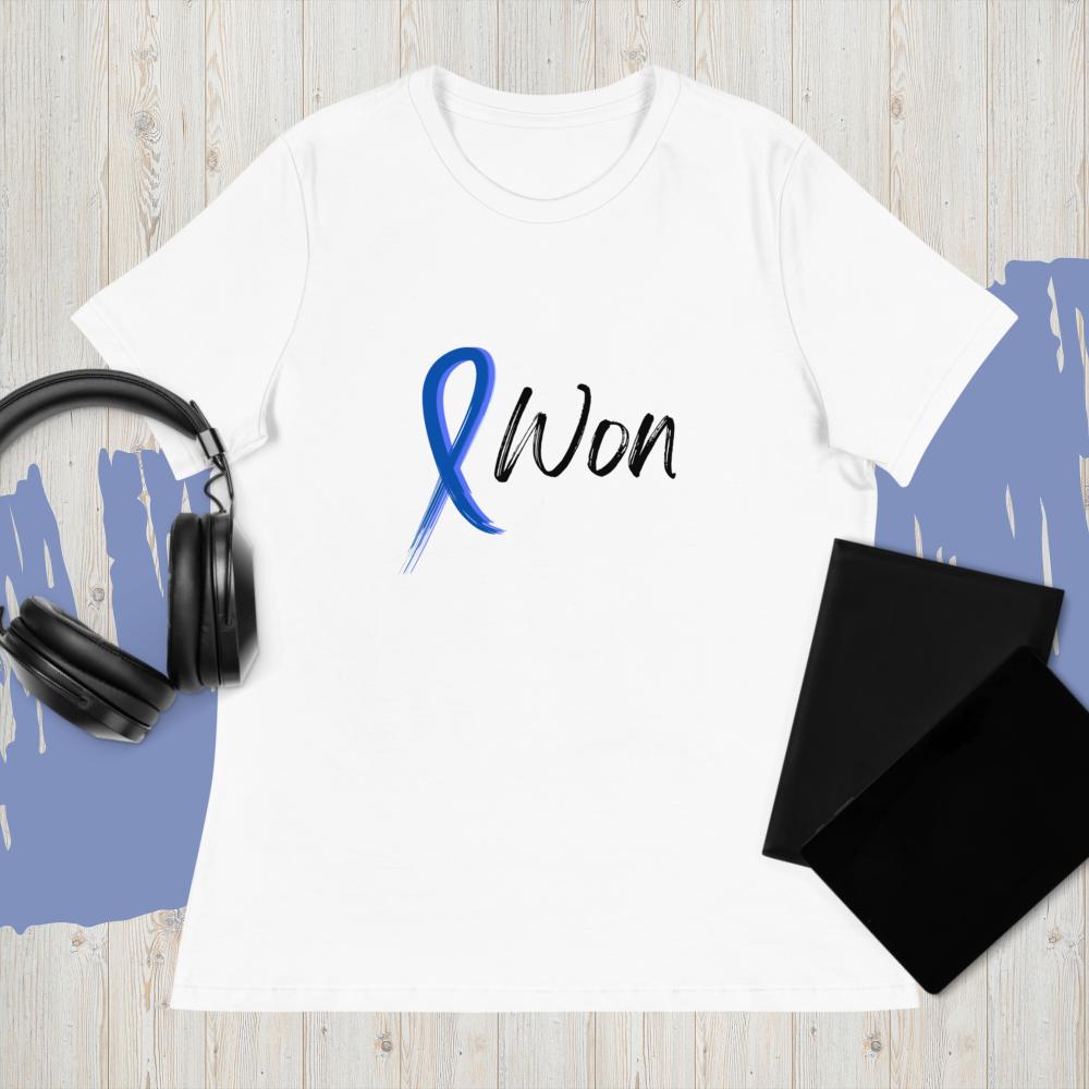 I Won Colon Cancer Shirt in white with Blue Ribbon Erin Soto Women's Inspirational Shirts and Inspirational Tees