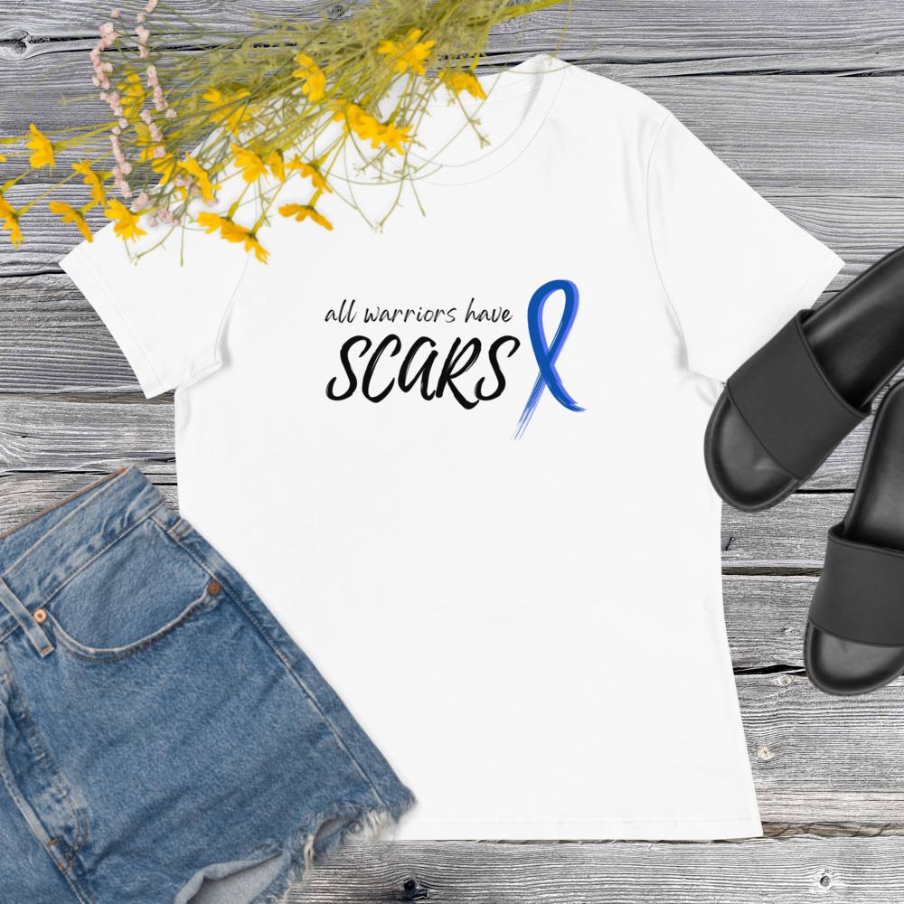 All Warriors Have Scars Colon Cancer Shirt in White with Blue Ribbon